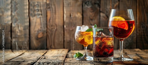 Various tasty liqueurs in glasses on a wooden table with a copy space image photo