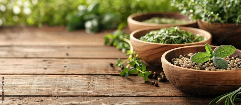 Close up view of various healing herbs in bowls on a wooden table with copy space image Close up view of various healing herbs in bowls on a wooden table with copy space image