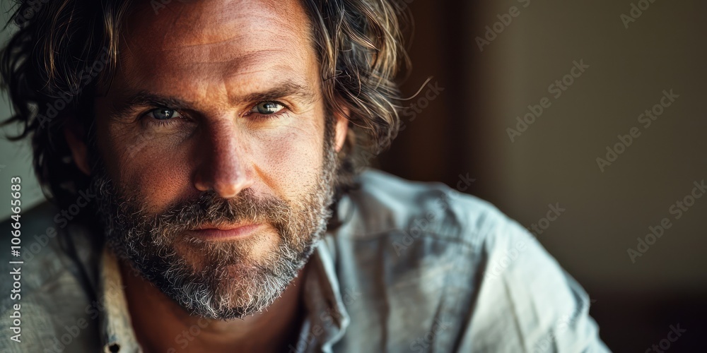 A close-up portrait of a man with tousled hair and a rugged beard, wearing a casual shirt unbuttoned at the collar. A close-up portrait of a man with tousled hair and a rugged beard, wearing a casual shirt unbuttoned at the collar.