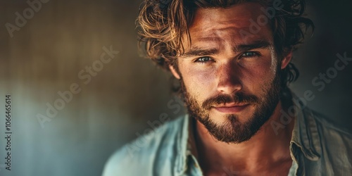 A close-up portrait of a man with tousled hair and a rugged beard, wearing a casual shirt unbuttoned at the collar. photo