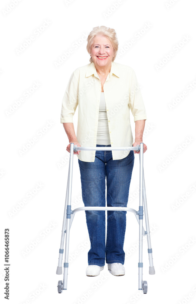 Senior, portrait and happy woman with walker for healthcare, retirement or old age home on a white studio background. Elderly, model or person with a disability, smile or walking aid for assistance Senior, portrait and happy woman with walker for healthcare, retirement or old age home on a white studio background. Elderly, model or person with a disability, smile or walking aid for assistance