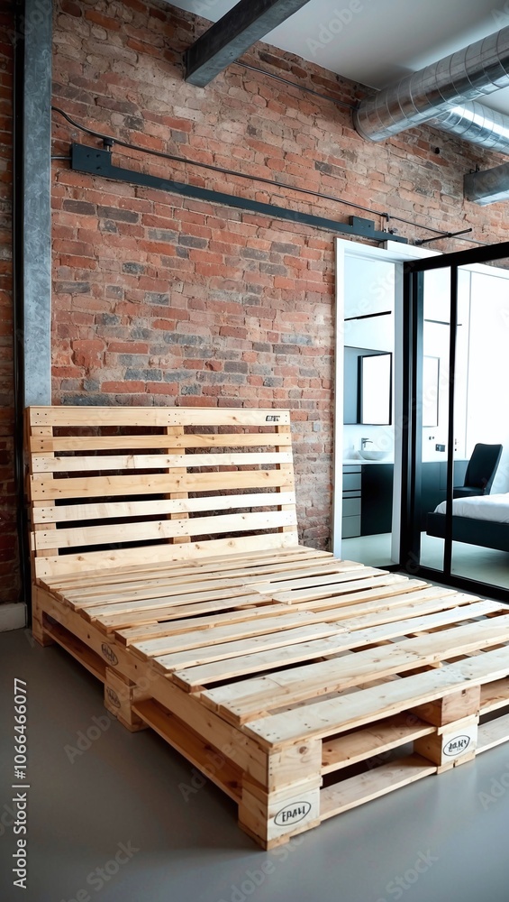 Industrial-style bedroom with pallet bed exposed brick walls and sleek furniture Industrial-style bedroom with pallet bed exposed brick walls and sleek furniture