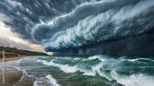 A coastal scene where storm clouds loom over the ocean, with turbulent waves crashing against the shore, capturing the raw power of nature before a storm hits photo