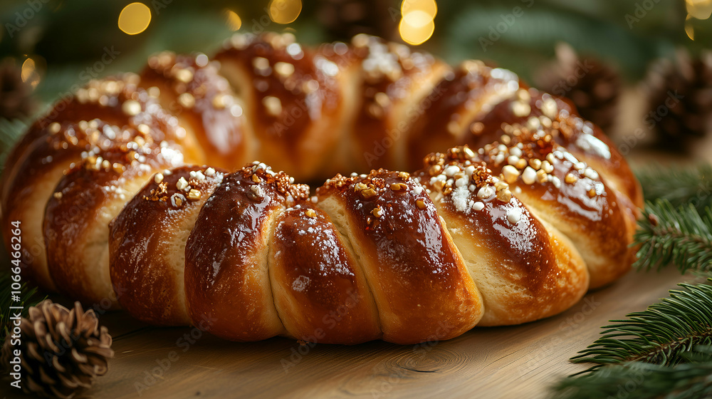 Festive Golden Glazed Holiday Wreath Bread with Sprinkled Nuts and Sugar - A beautifully glazed holiday wreath bread with a golden-brown crust, topped with sprinkled nuts and sugar crystals. Festive Golden Glazed Holiday Wreath Bread with Sprinkled Nuts and Sugar - A beautifully glazed holiday wreath bread with a golden-brown crust, topped with sprinkled nuts and sugar crystals.