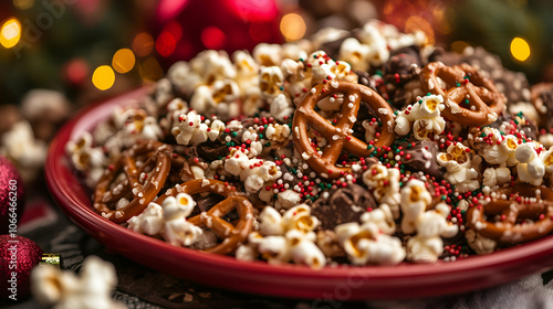A festive holiday snack mix featuring crunchy popcorn, salted pretzels, and chocolate pieces, topped with colorful red, green, and white sprinkles.