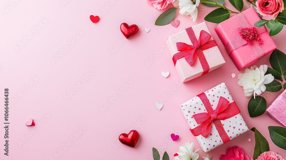 Valentine's Day banner with gift boxes and flowers on pink table. Top view Valentine's Day banner with gift boxes and flowers on pink table. Top view
