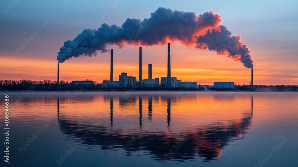 Power Plant Smoke at Sunrise Reflected in Water. Power Plant Smoke at Sunrise Reflected in Water.