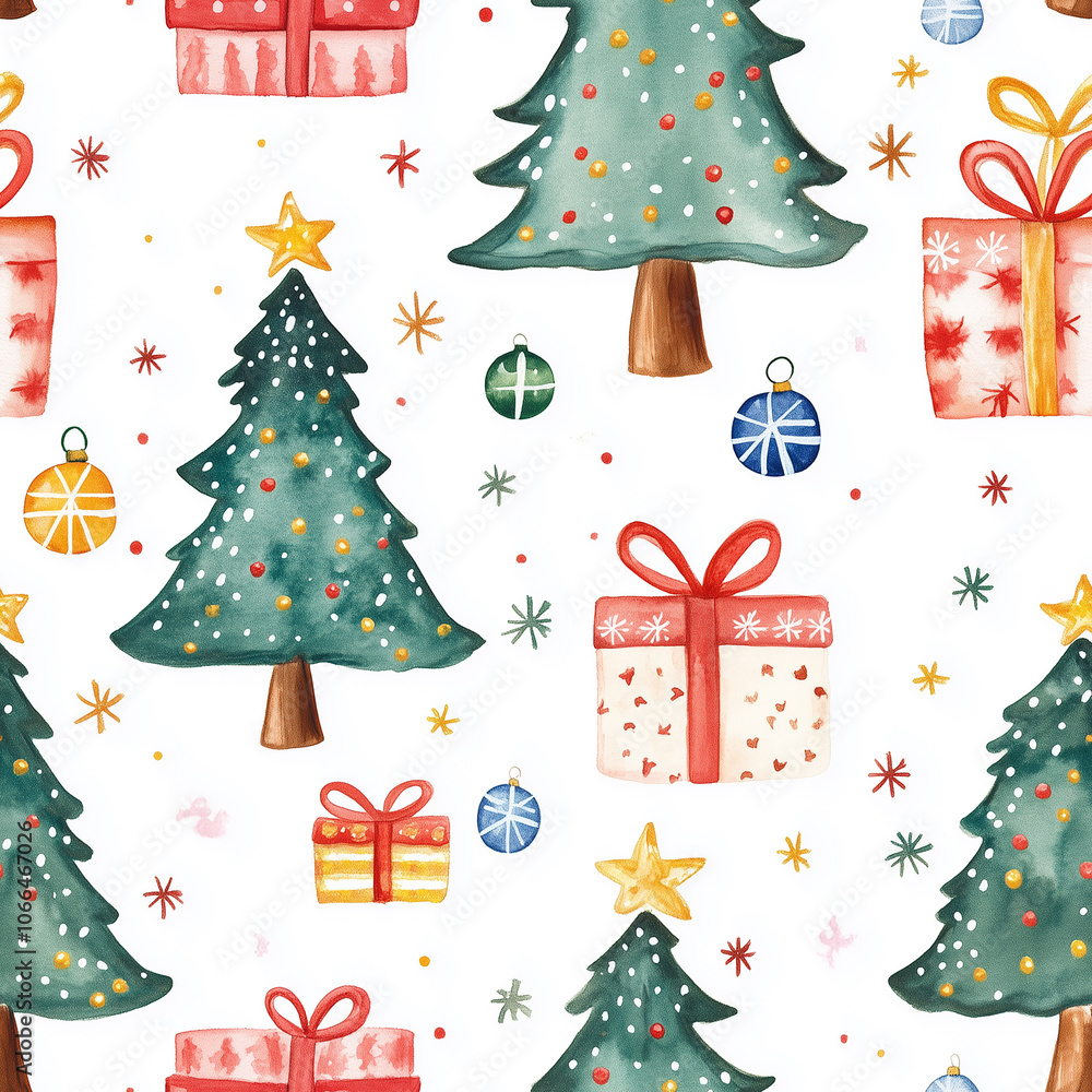 Christmas seamless pattern, featuring a whimsical arrangement of Christmas trees, gifts, and stars. The watercolor illustration style Christmas seamless pattern, featuring a whimsical arrangement of Christmas trees, gifts, and stars. The watercolor illustration style