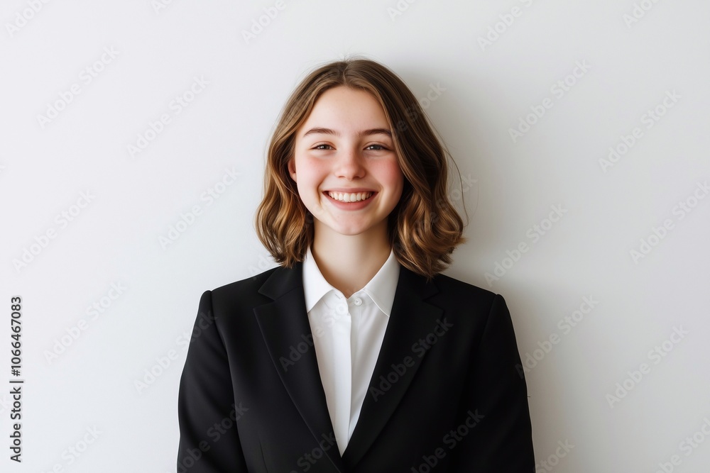 Happy confident young business woman standing isolated on white wall. Smiling professional businesswoman model wearing suit looking at camera with natural candid pose. Happy confident young business woman standing isolated on white wall. Smiling professional businesswoman model wearing suit looking at camera with natural candid pose.