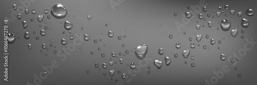 Water droplets scatter on glass window or smooth gray surface. Clear crystal spheres and puddles of various size reflecting light on dark background. Realistic 3d vector banner with raindrops.