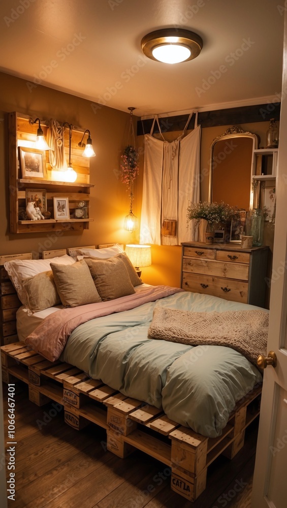 Small cozy bedroom with pallet bed warm lighting soft bedding and mix of vintage and modern decor Small cozy bedroom with pallet bed warm lighting soft bedding and mix of vintage and modern decor