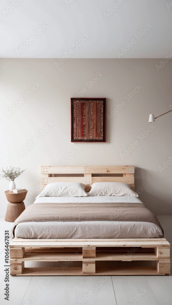 Pallet bed in a minimalist bedroom with light wood finishes neutral tones and a statement art piece Pallet bed in a minimalist bedroom with light wood finishes neutral tones and a statement art piece