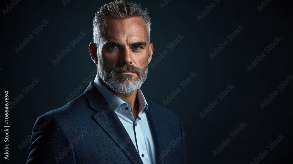 A confident male studio portrait in a suit, with a serious expression against a dark background A confident male studio portrait in a suit, with a serious expression against a dark background