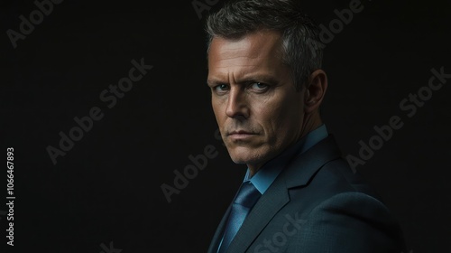 A confident male studio portrait in a suit, with a serious expression against a dark background