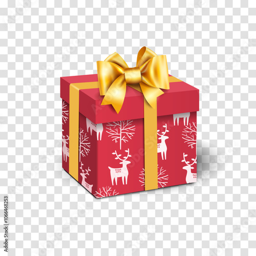 Red gift box with gold bow, ribbons and Christmas pattern