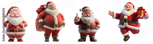 3D cartoon Merry Christmas and happy new year with cute Santa Claus celebrate. Jumping dancing fun, Holding a gift box and bag, Full body, isolated on white background, png