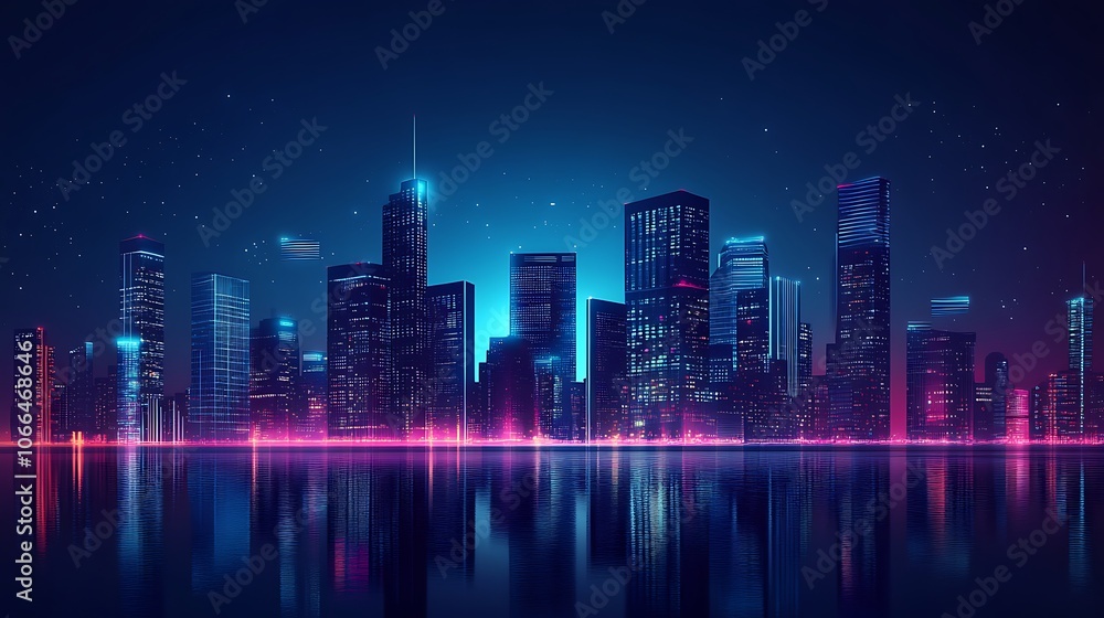 Fototapeta premium Nighttime cityscape with skyscrapers reflected in a rippling waterfront
