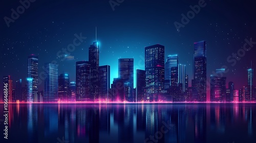 Nighttime cityscape with skyscrapers reflected in a rippling waterfront