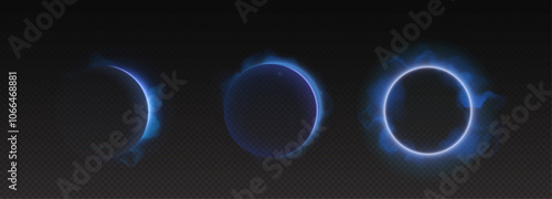 Solar eclipse phases with luminous blue circles and crescent on dark background. Celestial rings show partial and total stages with misty smoke effect. Realistic 3d cosmic phenomenon of eclipsed sun.