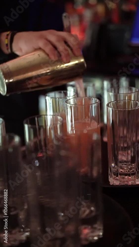 A professional mixologist showcases their expertise by crafting cocktails in a bustling bar, creating a vibrant ambiance for guests to enjoy drinks and socialize in a lively nightlife setting
