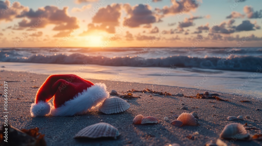 A Santa hat resting on the beach next to a seashell during sunset, capturing the spirit of a coastal Christmas celebration A Santa hat resting on the beach next to a seashell during sunset, capturing the spirit of a coastal Christmas celebration