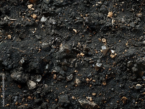 Close-up of Dark Soil with Rocks and Rough Texture: A Natural Background photo