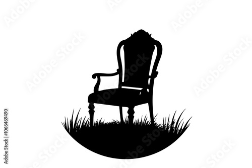 Antique Chair Silhouette in Grass Field.