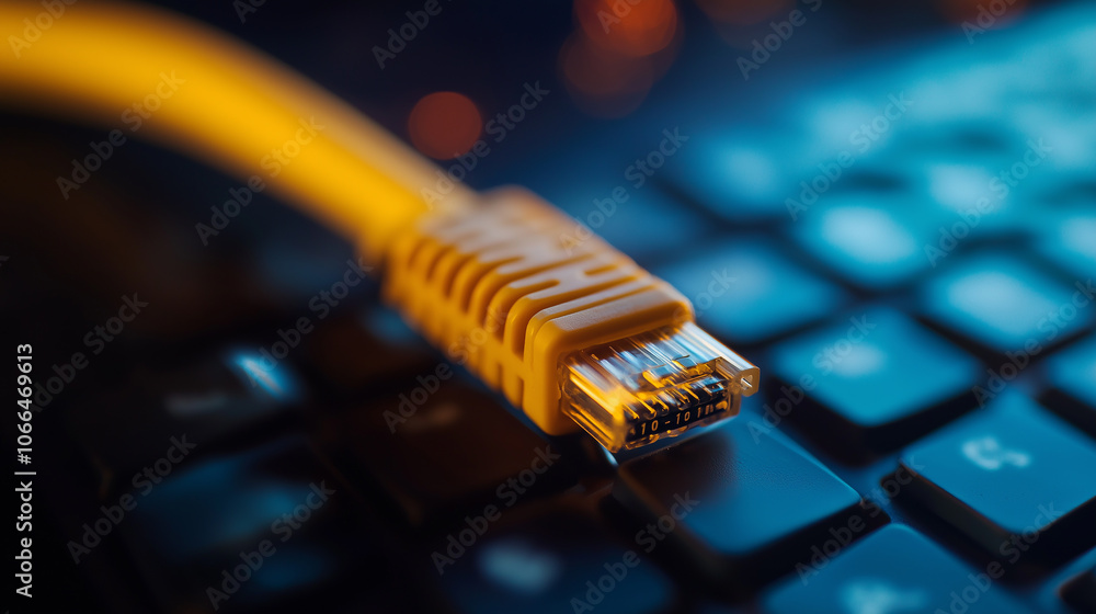 Macro of a yellow network cable in front of a computer keyboard Macro of a yellow network cable in front of a computer keyboard