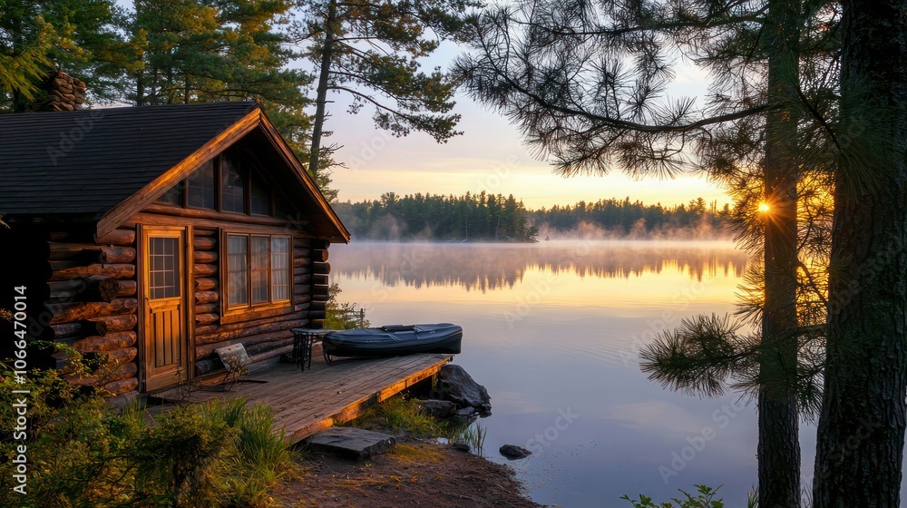 Fototapeta premium a cozy cabin by a tranquil lake during sunrise. Capture the soft light reflecting on the water, surrounded by mist rising from the lake, with pine trees framing the scene.