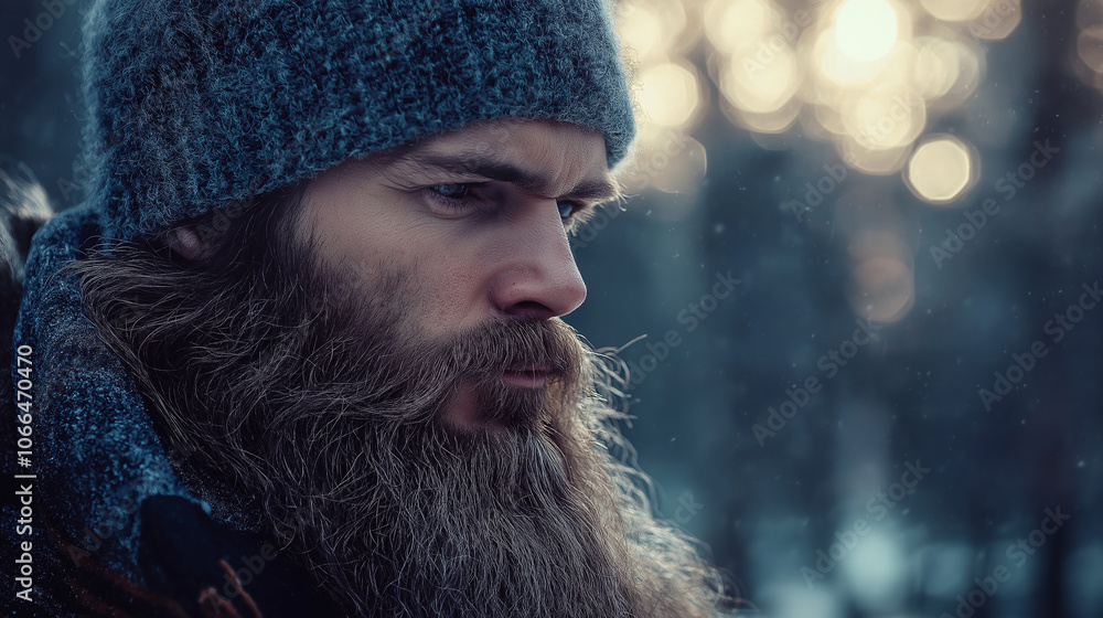 Man with a long beard and mustache. Winter care. Emotional guy. Winter mood. Bearded hipster wear knitted sweater and furry hat Man with a long beard and mustache. Winter care. Emotional guy. Winter mood. Bearded hipster wear knitted sweater and furry hat