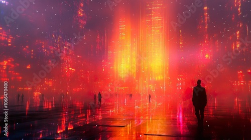 Futuristic Cityscape with Glowing Neon Lights and Abstract Architecture