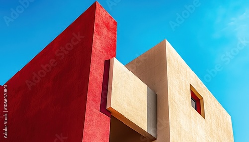 Modern Building, Red and Beige Colors, Against Blue Sky.
