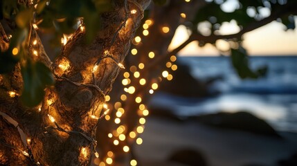 Beachside Australian Christmas tree adorned with fairy lights blurred background perfect for messaging