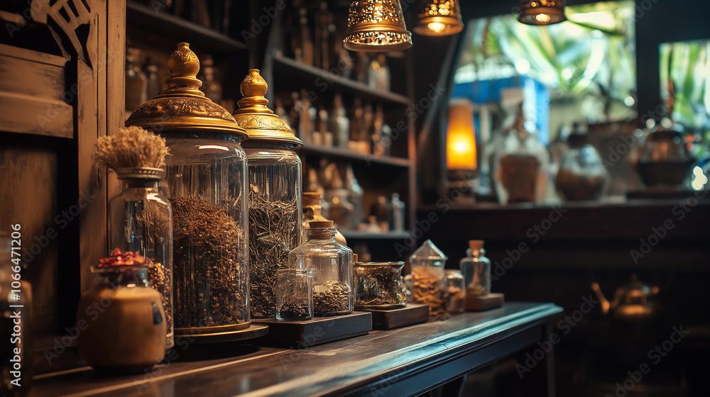 Traditional pharmacy illustration with various bottles of herbs and spices, Asian style shop Traditional pharmacy illustration with various bottles of herbs and spices, Asian style shop