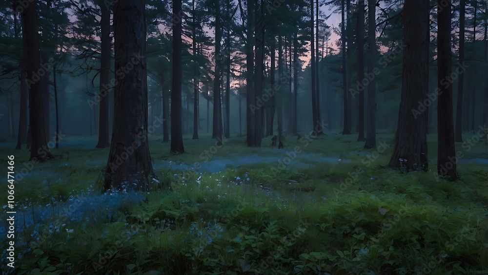Fototapeta premium A Mystical Forest Pathway at Dusk with Blue Flowers