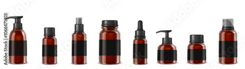 Brown amber glass bottle for cosmetic oil or medicine isolated vector mockup. Dropper container, shampoo pump and apothecary essence jar with lid design pack. 3d realistic blank dark lotion flacon