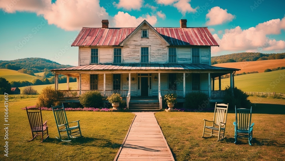 A rustic farmhouse with a big front porch rocking chairs and a view of the rolling hills in the distance A rustic farmhouse with a big front porch rocking chairs and a view of the rolling hills in the distance