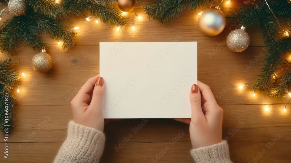 A cozy scene featuring hands holding a blank card surrounded by festive decorations, including ornaments and fairy lights. A cozy scene featuring hands holding a blank card surrounded by festive decorations, including ornaments and fairy lights.