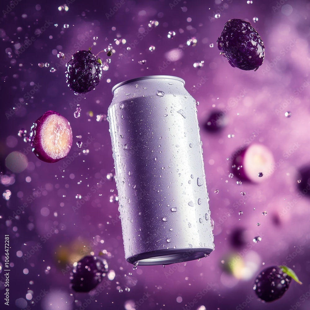 White Plain Grape Soft Drink Can 330ml Floating with Minimalistic Design White Plain Grape Soft Drink Can 330ml Floating with Minimalistic Design