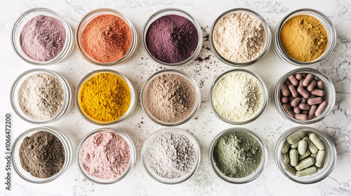 A colorful assortment of natural, organic powders and spices, rich in antioxidants and healthy minerals. These dry, herbal ingredients are perfect for food, cosmetics, or medicinal superfood products