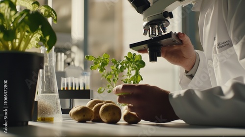 Scientist in lab coat meticulously examining potato plant under microscope, surrounded by various potato samples and research tools on a clean white table. Focus on agricultural research and plant sci