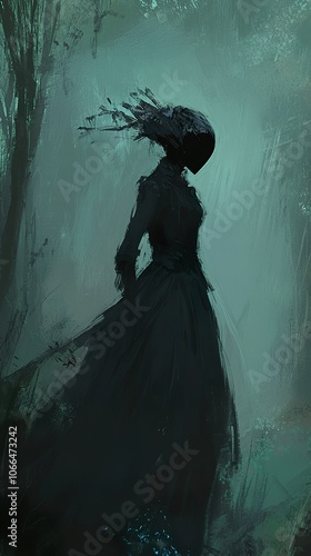 Mysterious Figure in a Foggy Forest: A Haunting Silhouette in a Dark and Dreamlike Atmosphere