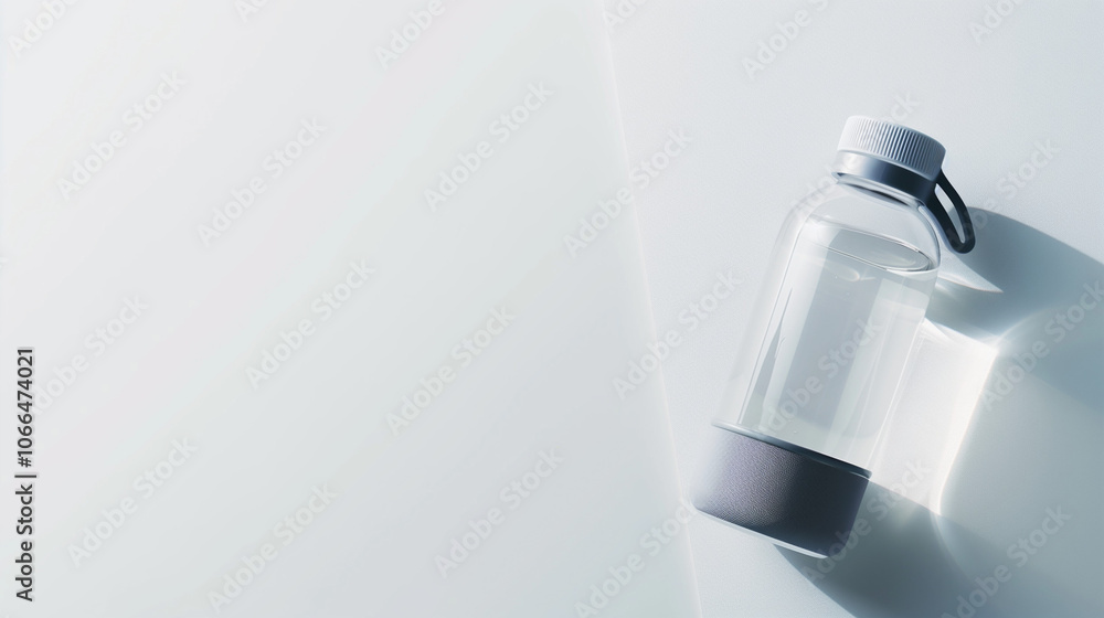 Clean modern water bottle with safety cap and half-filled with clear water on white background, symbolizing hydration and drinking safety, ample copy space for text overlay. Clean modern water bottle with safety cap and half-filled with clear water on white background, symbolizing hydration and drinking safety, ample copy space for text overlay.