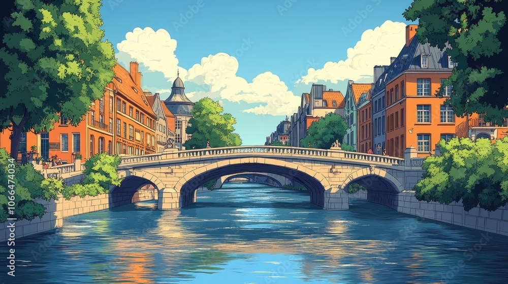 Naklejka premium A picturesque view of a bridge over a canal in a European city with colorful buildings and lush greenery on a sunny day.