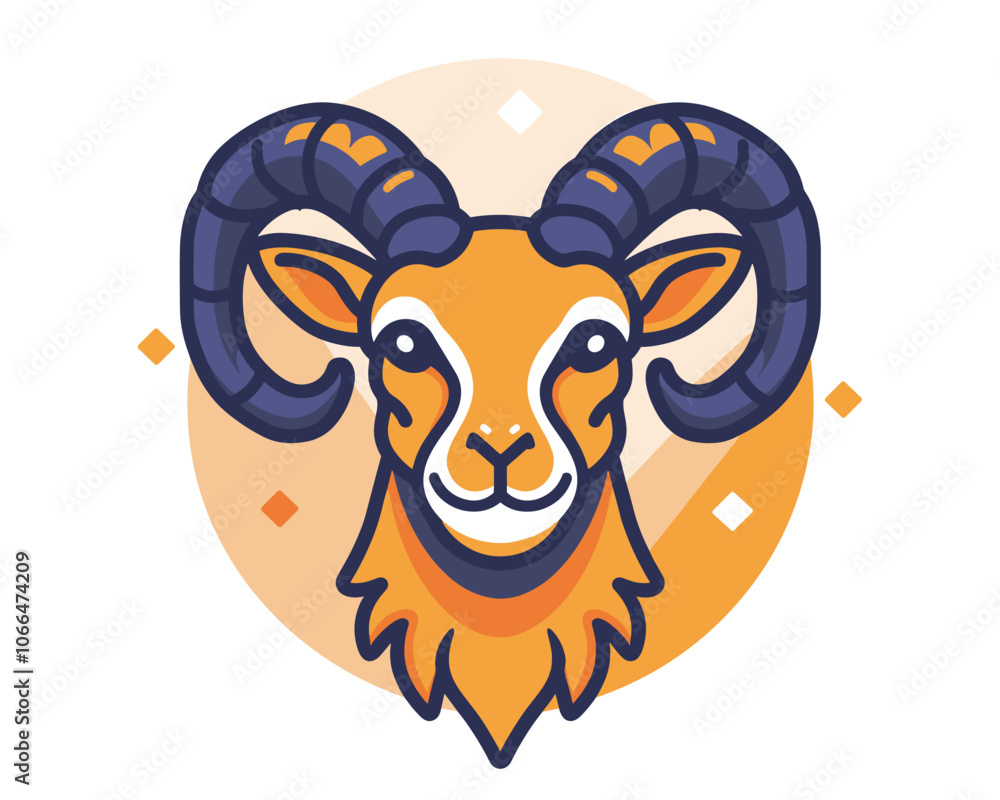Ram with horns and a smile on its face. The ram is orange and blue. The ram is smiling and has a happy expression Ram with horns and a smile on its face. The ram is orange and blue. The ram is smiling and has a happy expression
