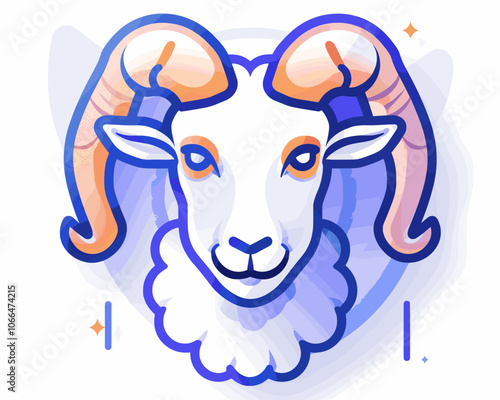 Ram with horns and a white face. The ram is looking at the camera. The ram is on a blue background