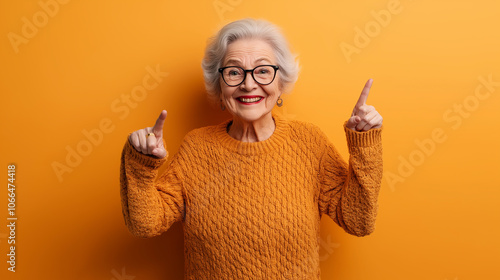 Photo of satisfied optimistic pretty glad grandma pointing at herself boasting about handmade knitted seasonal jumper isolated bright color background