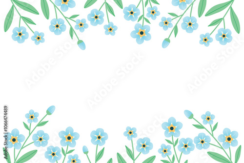 Forget me not flower frame. Rectangular frame with flowers on top and bottom. Delicate blue flowers. Vector illustration.