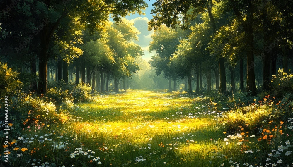 Sunlit forest path with wildflowers. Ideal for illustrating nature, peace, or a journey. Sunlit forest path with wildflowers. Ideal for illustrating nature, peace, or a journey.