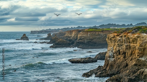 A dramatic coastal view of rugged cliffs meeting the ocean, with waves crashing against the rocks and seagulls soaring above, capturing the raw beauty of nature.